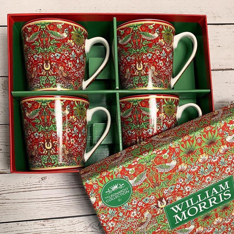 Set of 4 William Morris Strawberry Thief Mugs - JaneAusten.co.uk