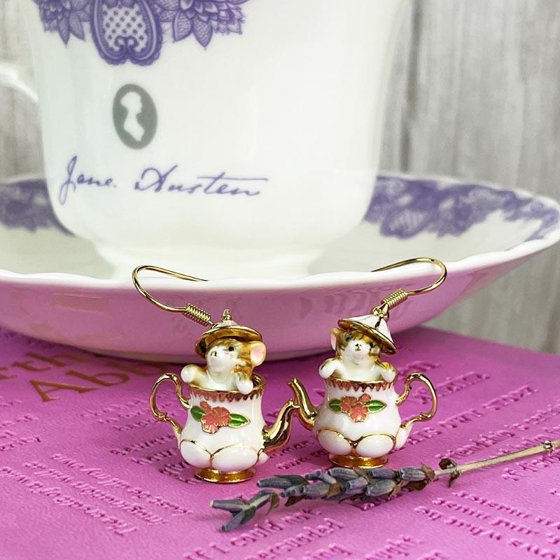 Enamel and 18ct Gold Plated 'Mouse in a Teapot' Earrings