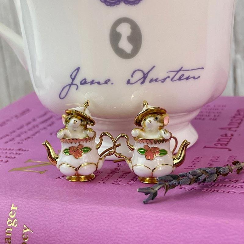 Enamel and 18ct Gold Plated 'Mouse in a Teapot' Earrings