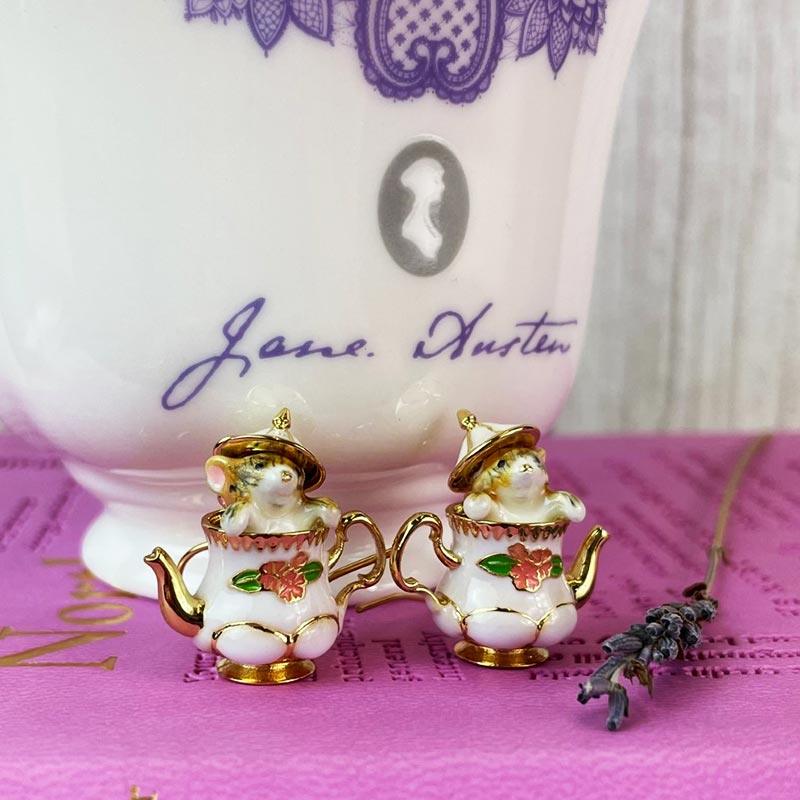 Enamel and 18ct Gold Plated 'Mouse in a Teapot' Earrings