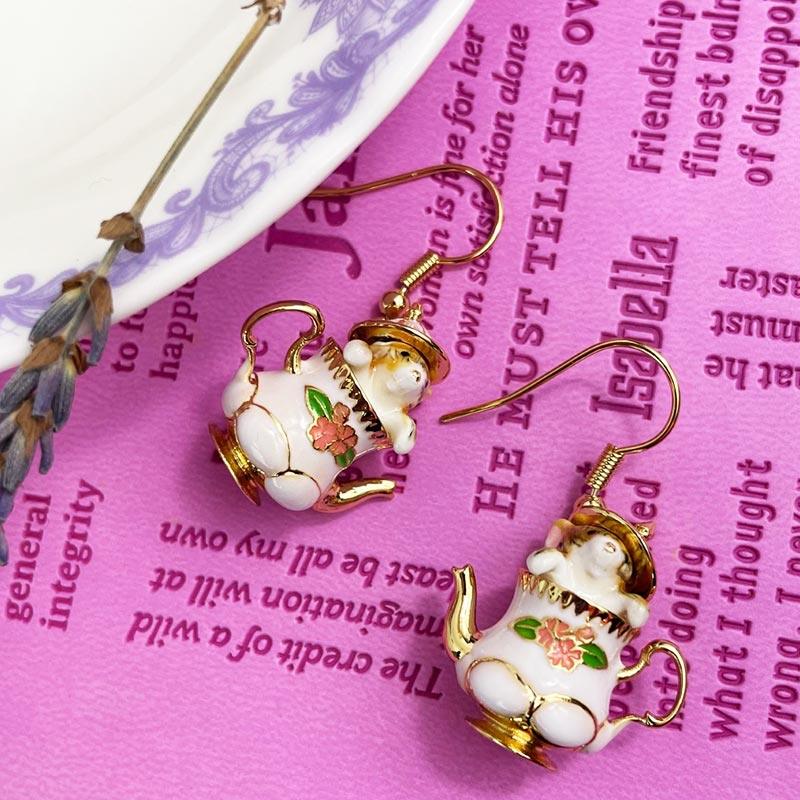 Enamel and 18ct Gold Plated 'Mouse in a Teapot' Earrings