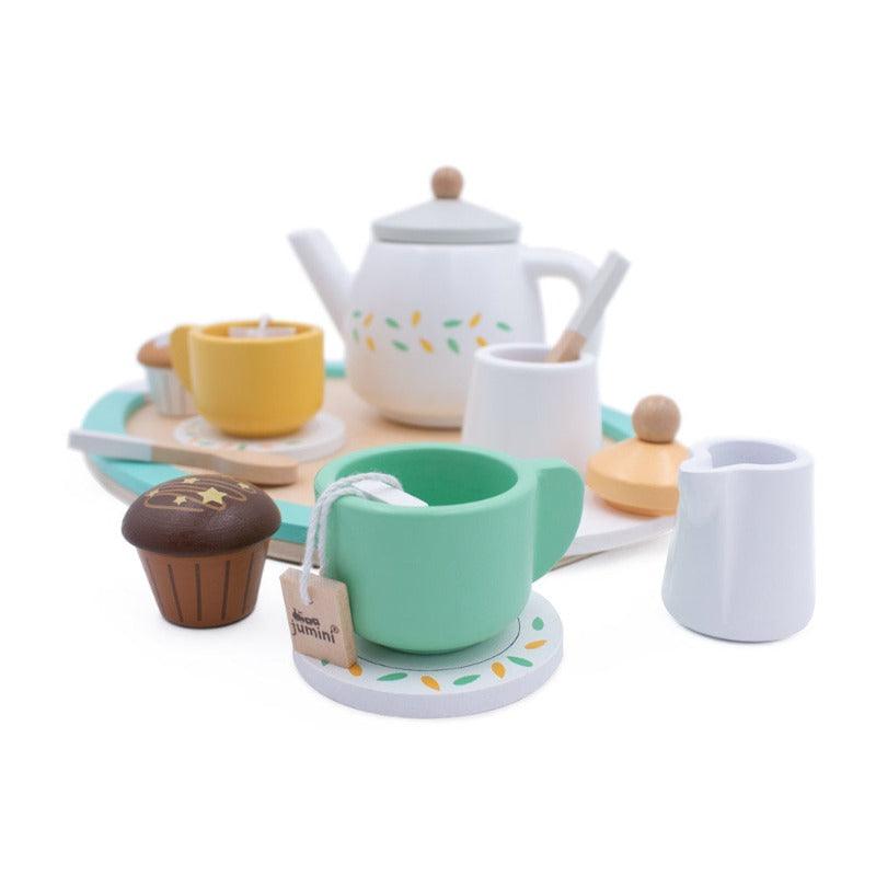 the tea for tea play set is displayed here with one of the colourful painted mugs at the forefront of the image. This shows the well made nature of the wooden set and shows off the adorable wooden teabag dropped in the teacup. This lovely regency tea set is just adorable for your chidlren to play with.