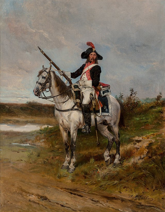 Painting of Regency infantryman on a horse