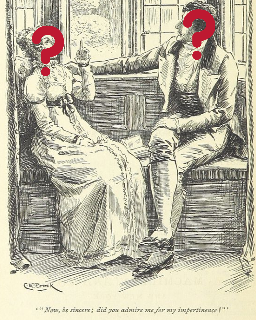 Darcy and Elizabeth Bennet with question marks over their faces