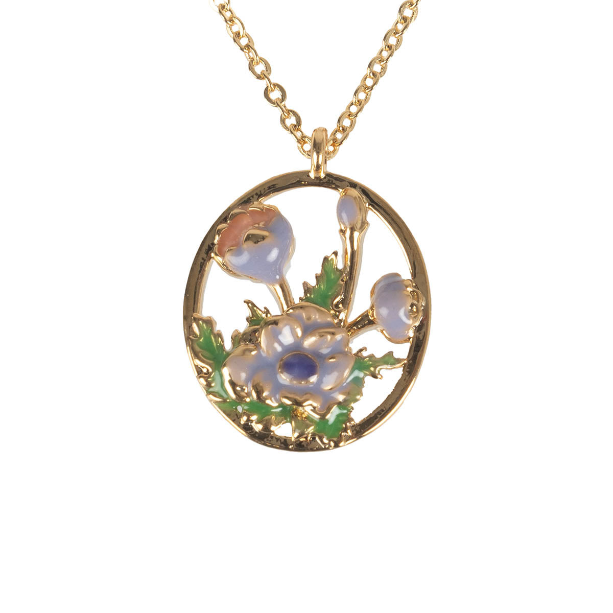 April Birth Flower Necklace has a gold chain and gold circle surrounding the purple flowers in the centre. There are accenting green leaves to accompany this.
