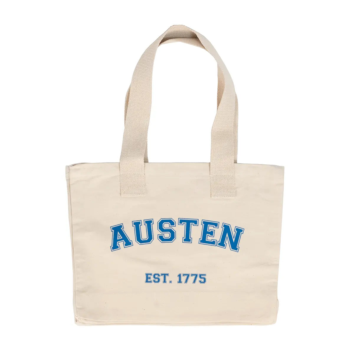 A cream tote bag with Austen EST. 1775 printed on it in blue