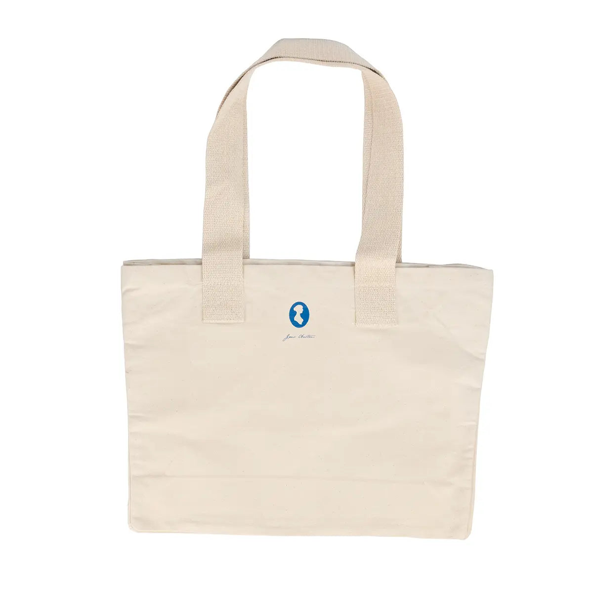 Beige tote bag with a logo on a white background
