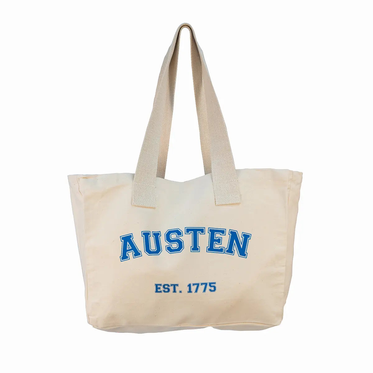 cream Jane Austen themed tote bag with blue text 'AUSTEN EST. 1775' against a white background
