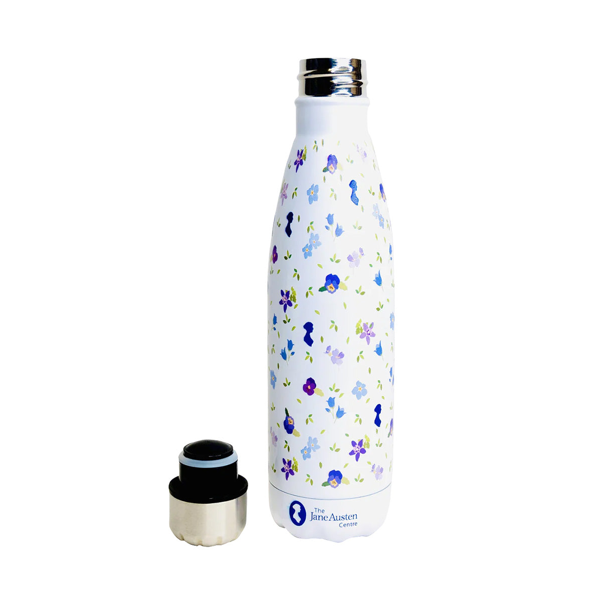 Water Bottle with Floral designs and lid off