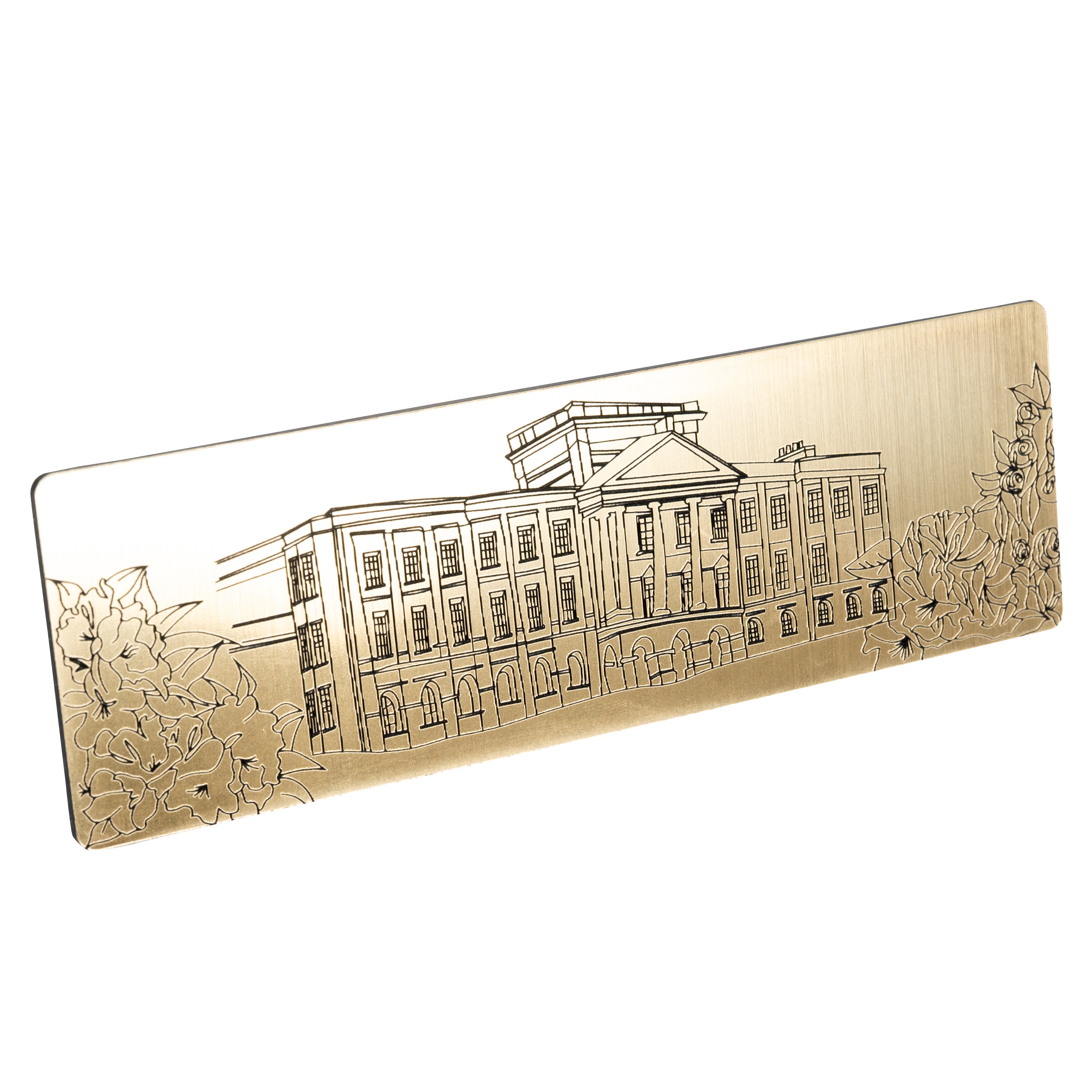 Gold coloured Bookmark with Permberly building design etched into it