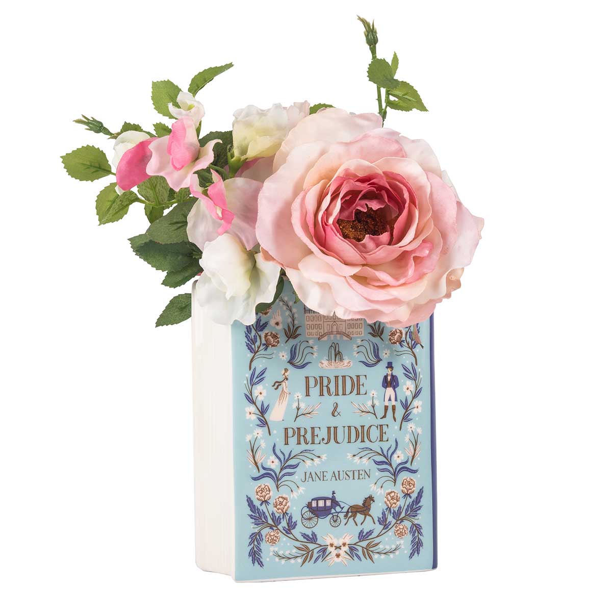 This image shows the book vase filled with pink flowers and green leaves, bringing an extra light to the vase.