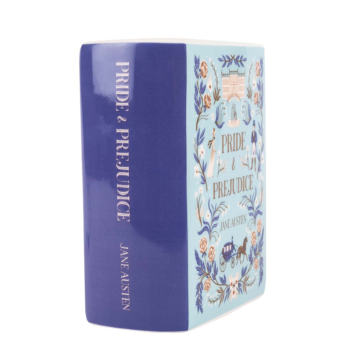 Side of the Pride and Prejudice Ceramic Book Vase. Shape of vase is like a book, and image shows the spine, reading 'Pride and Prejudice' and 'Jane Austen' in a slightly smaller print. The spine is an indigo purple colour, matching some of the details on the front cover. 