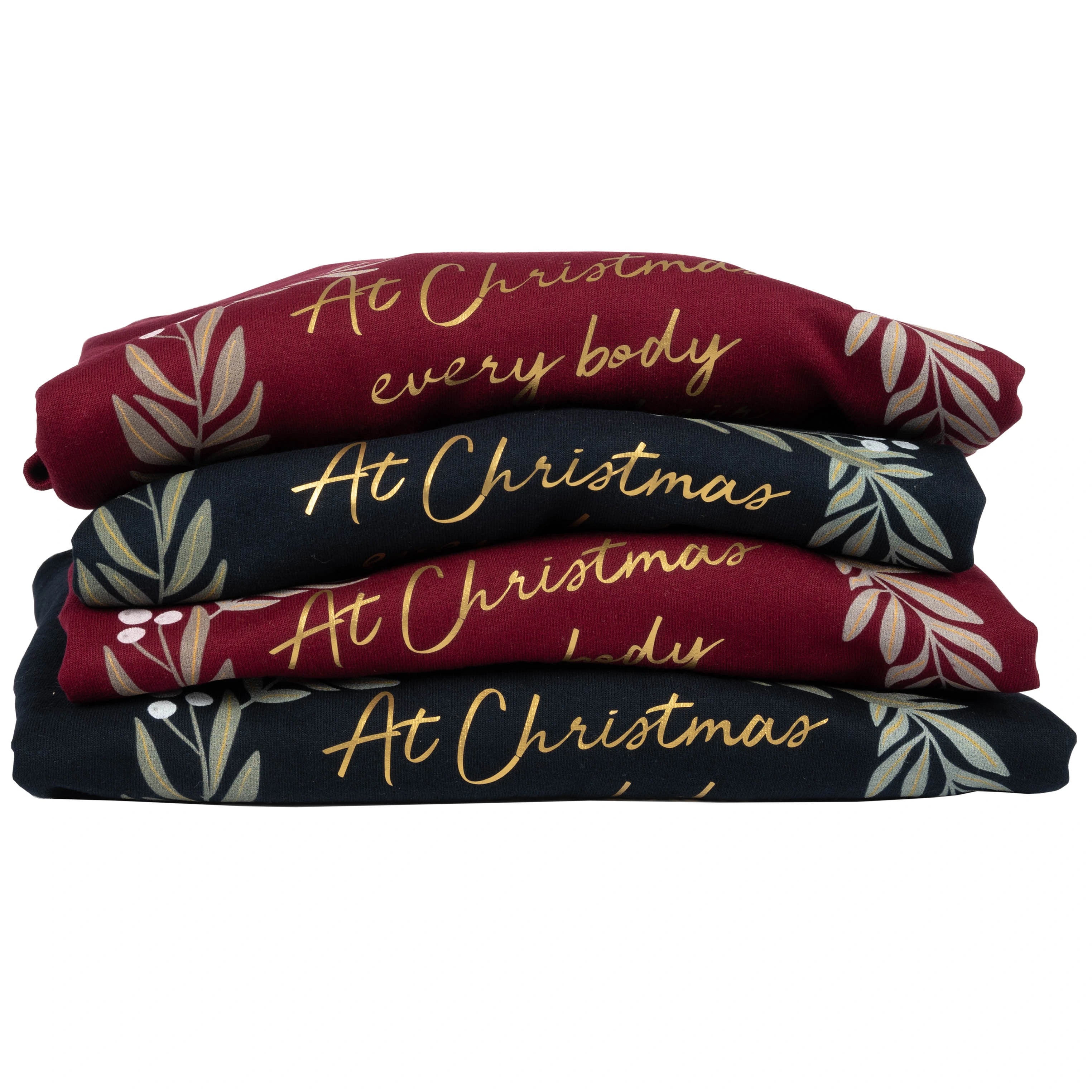 Pile of Christmas sweaters in Burgundy and Navy