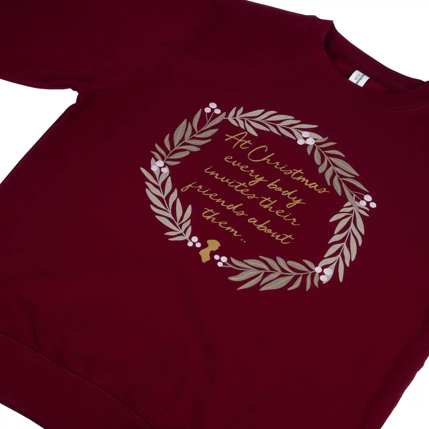 Burgundy sweater with a quote "At Christmas everybody invites their friends about them"