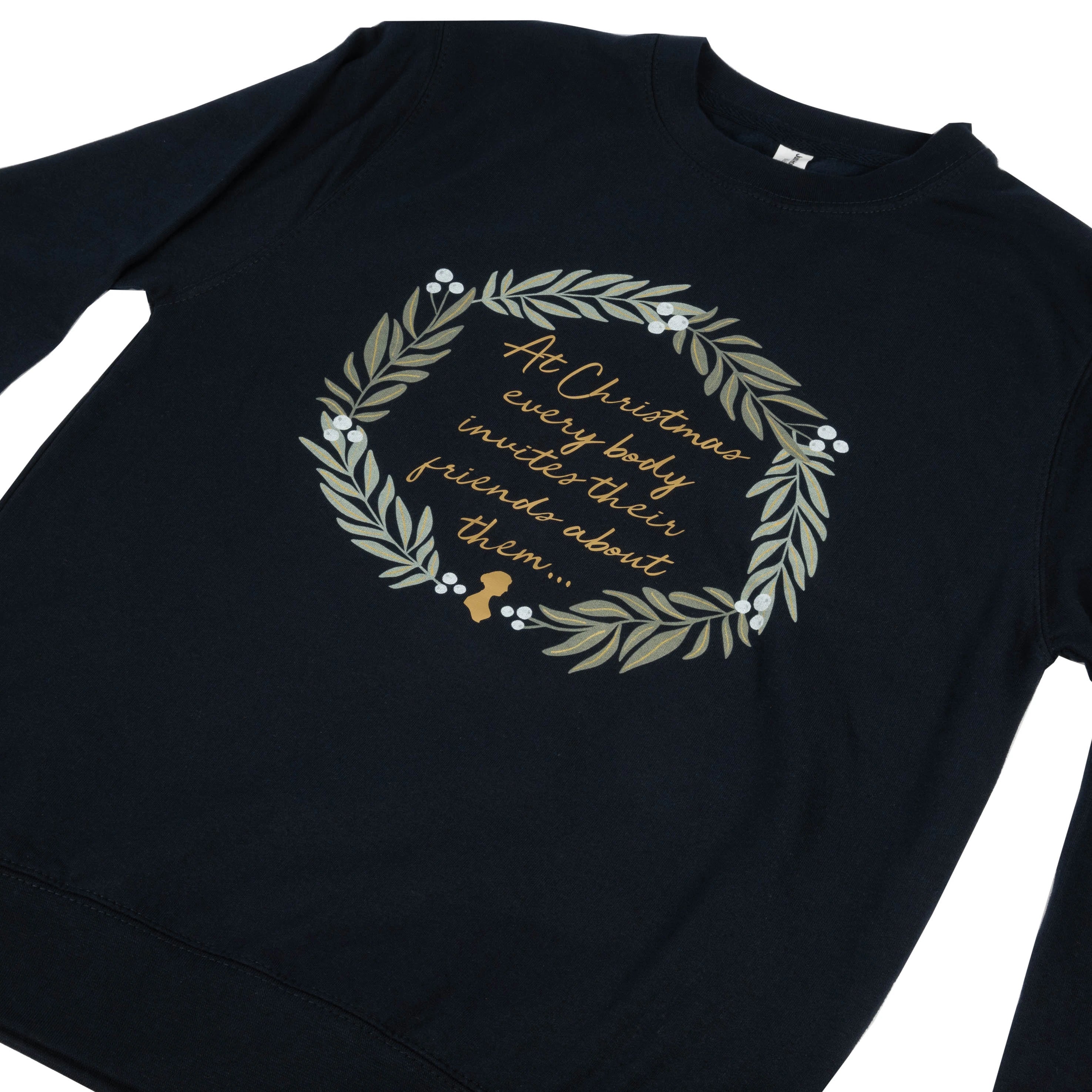 Navy sweater with a quote "At Christmas everybody invites their friends about them"