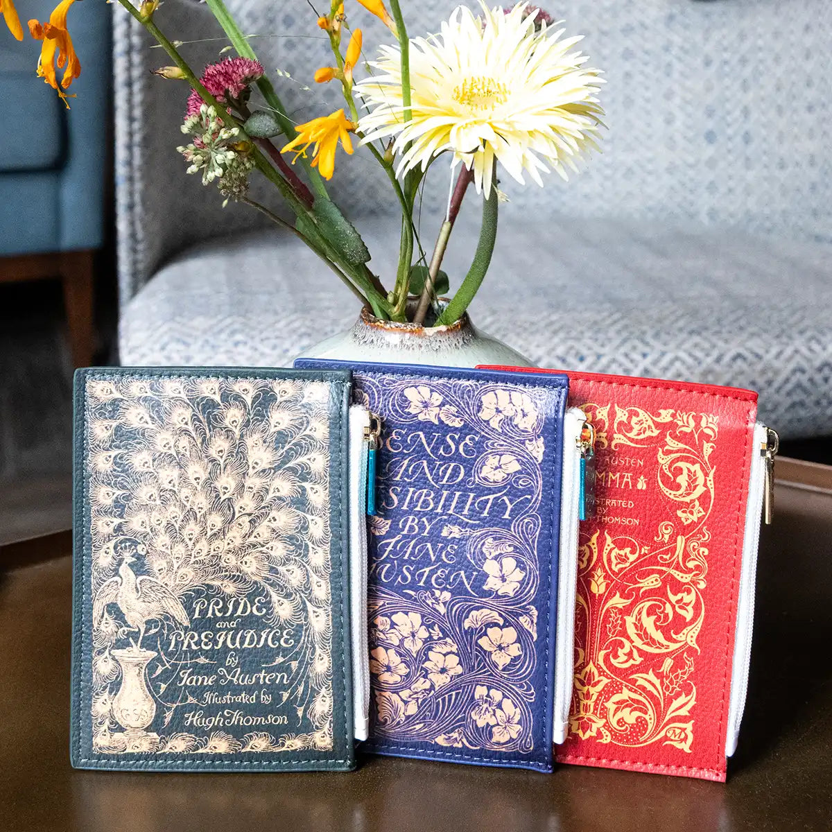 All three of the Jane Austen coin purses: Pride and Prejudice, Sense and Sensibility and Emma.