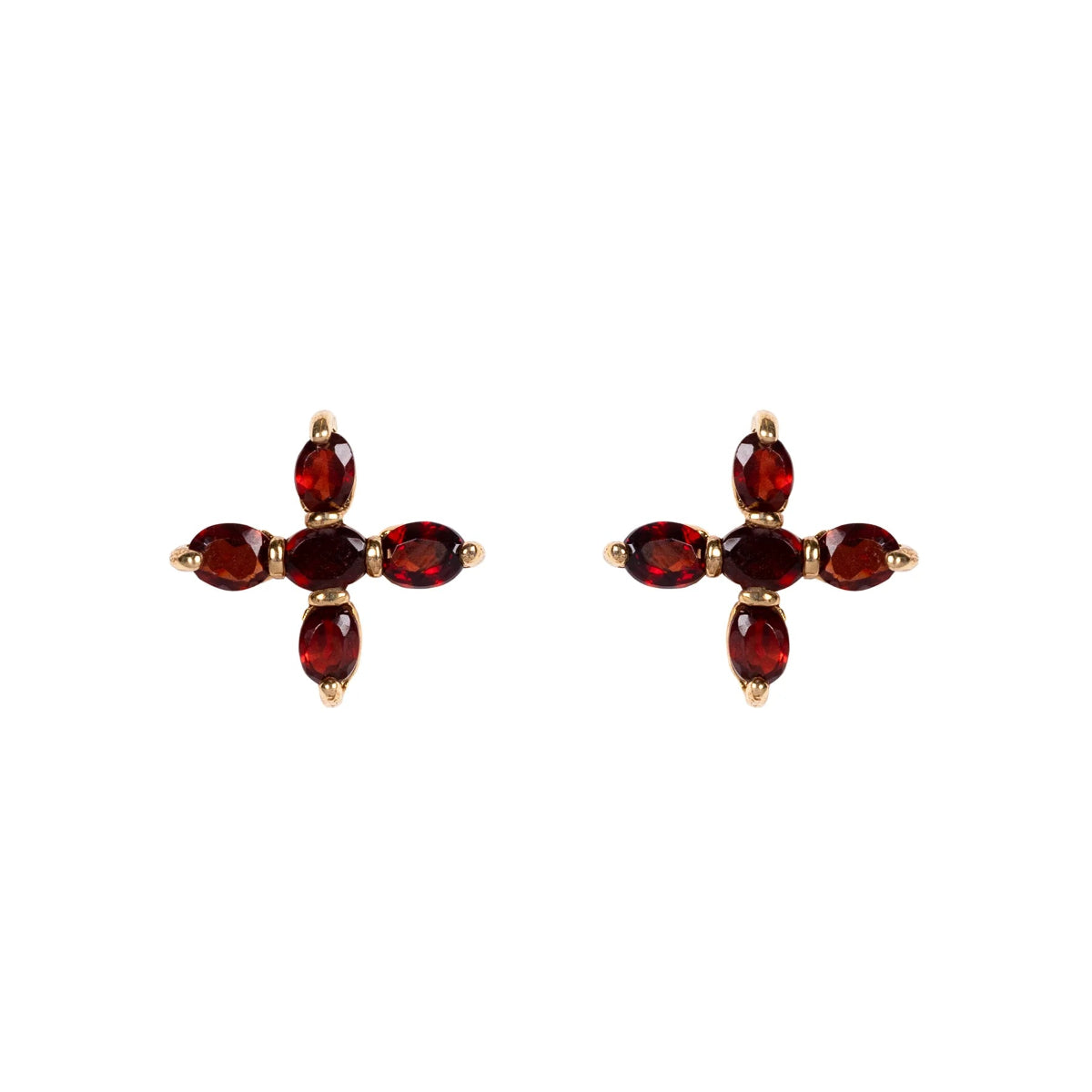 A pair of Elizabeth Bennet cross earrings featuring a Regency-inspired design with garnet stones, replicating the earrings from the 1995 Pride and Prejudice TV adaptation.