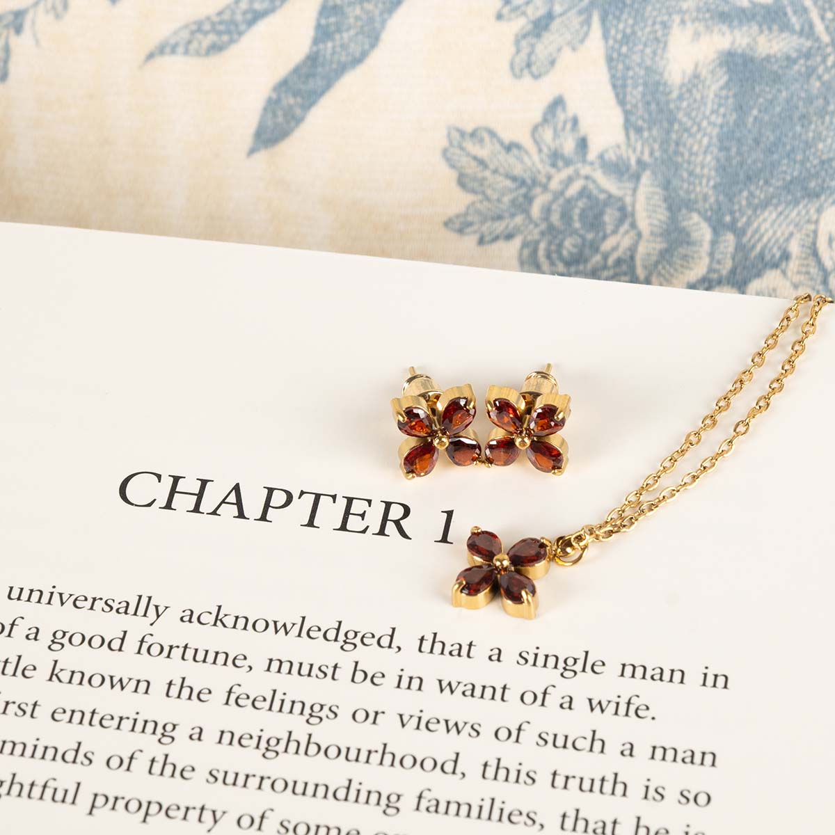 Elizabeth Bennet Garnet Necklace and Earrings.