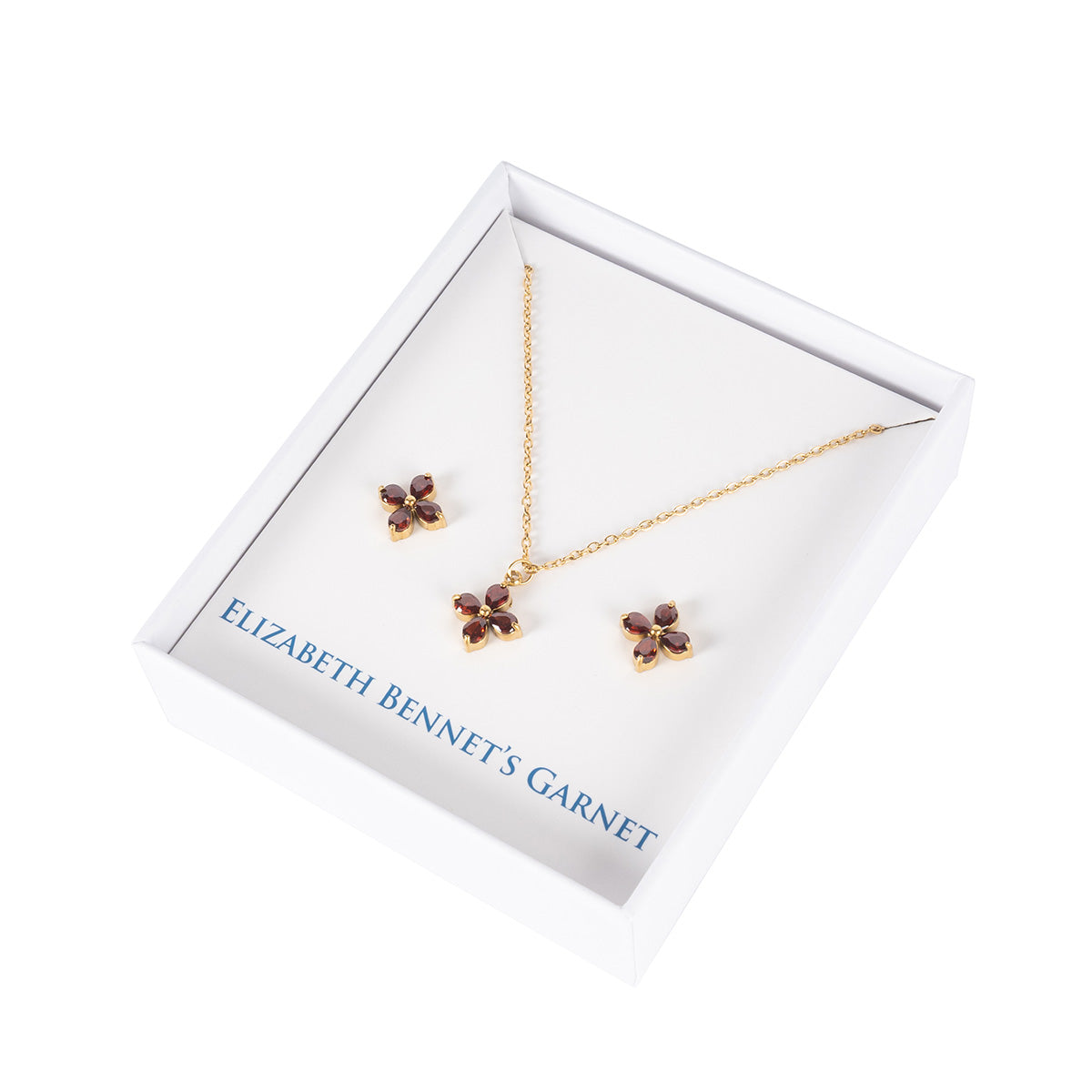 Elizabeth Bennet Garnet Necklace and Earrings in a Jane Austen exclusive jewellery box. 