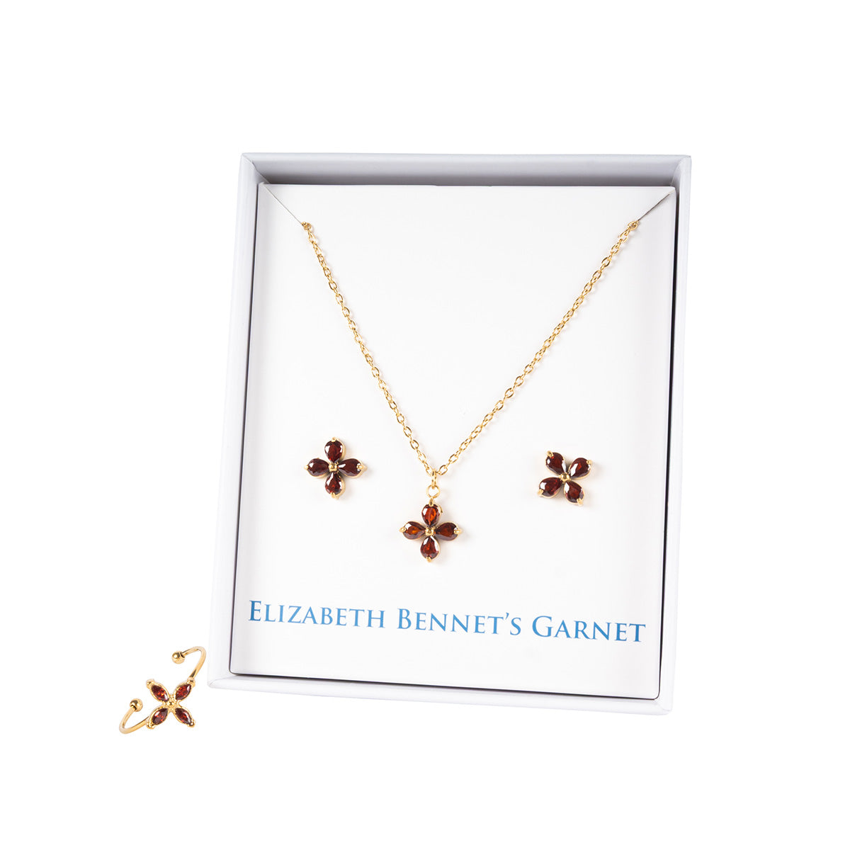 Elizabeth Bennet Garnet Necklace and Earrings in a Jane Austen exclusive jewellery box. Ring also available.