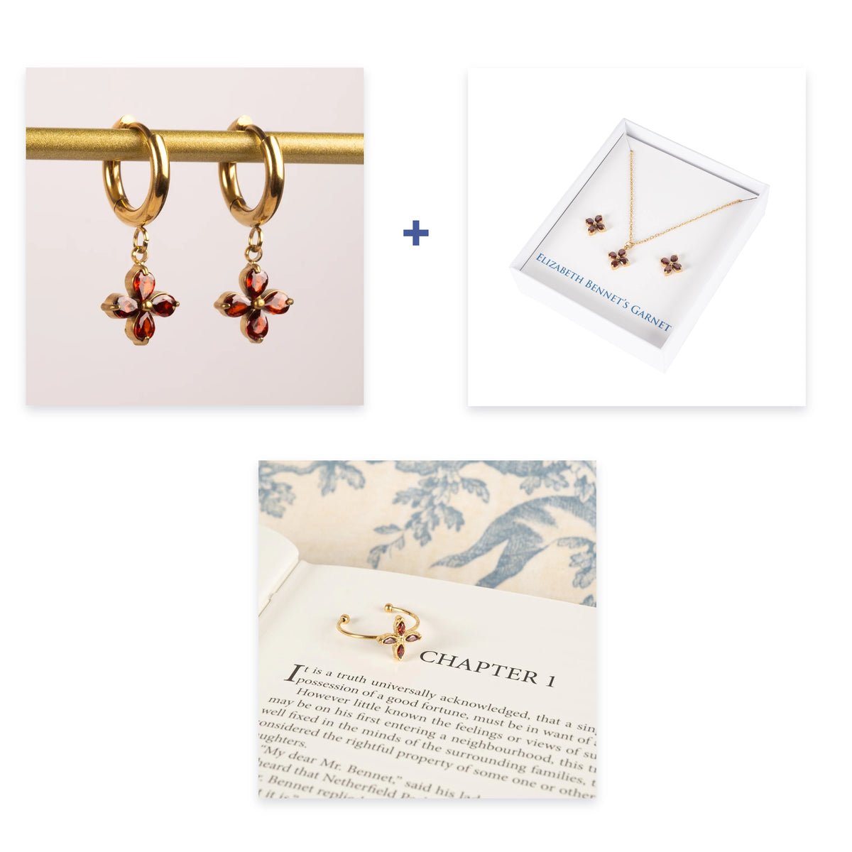 Gold and Garnet huggie earrings as well as garnet necklace and earrings with a garnet ring on a book