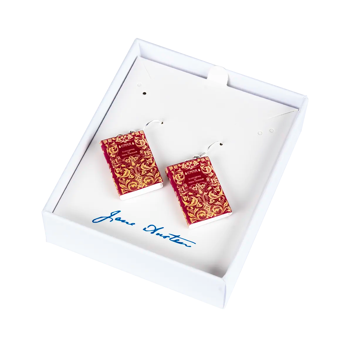Book-shaped earrings in a Jane Austen branded box on a white background
