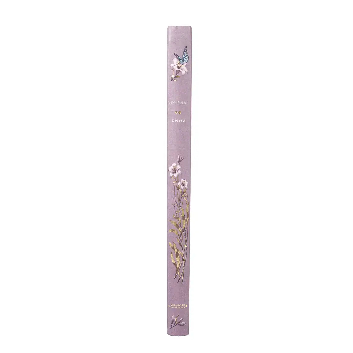 Pink journal spine with floral designs and text on a white background