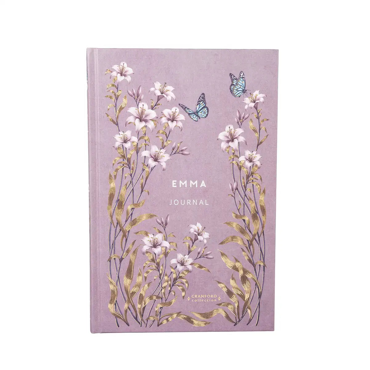 Journal with floral design and 'Emma' branding on a light pink background