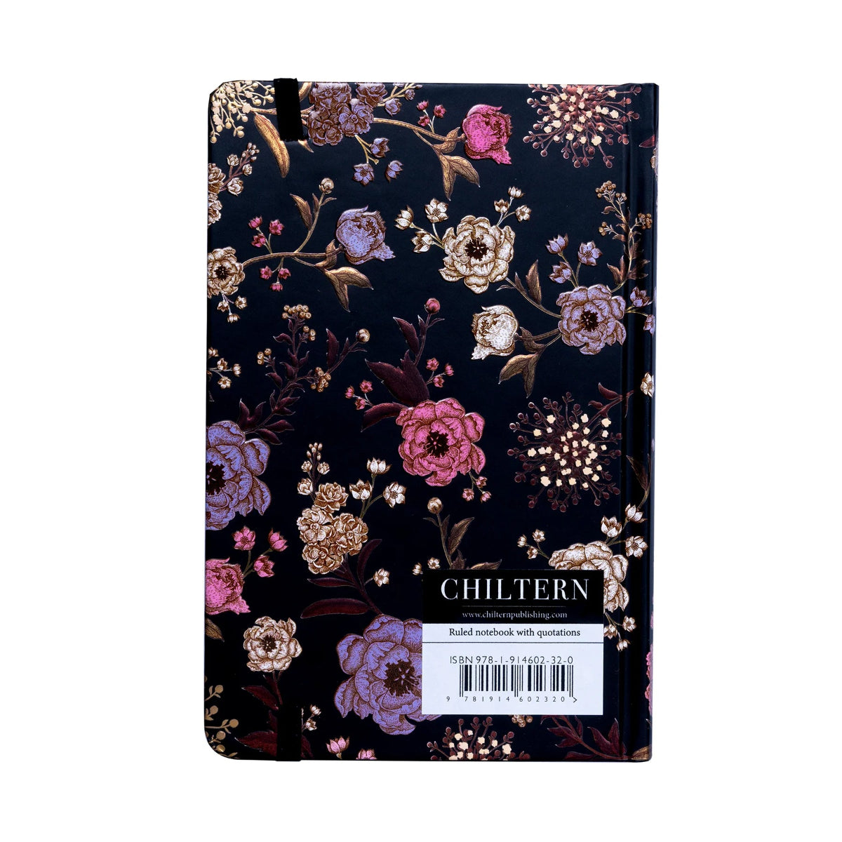 A reading journal with a floral pattern on the cover,with a black elastic closure attached.