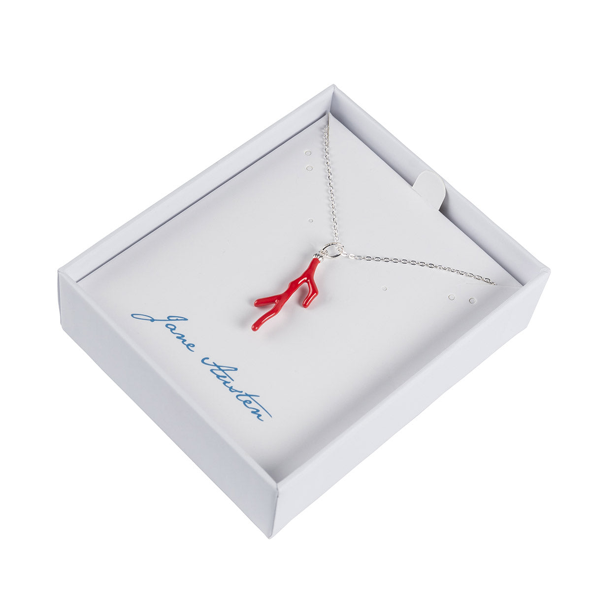 'Emma' Coral Necklace displayed in a white box