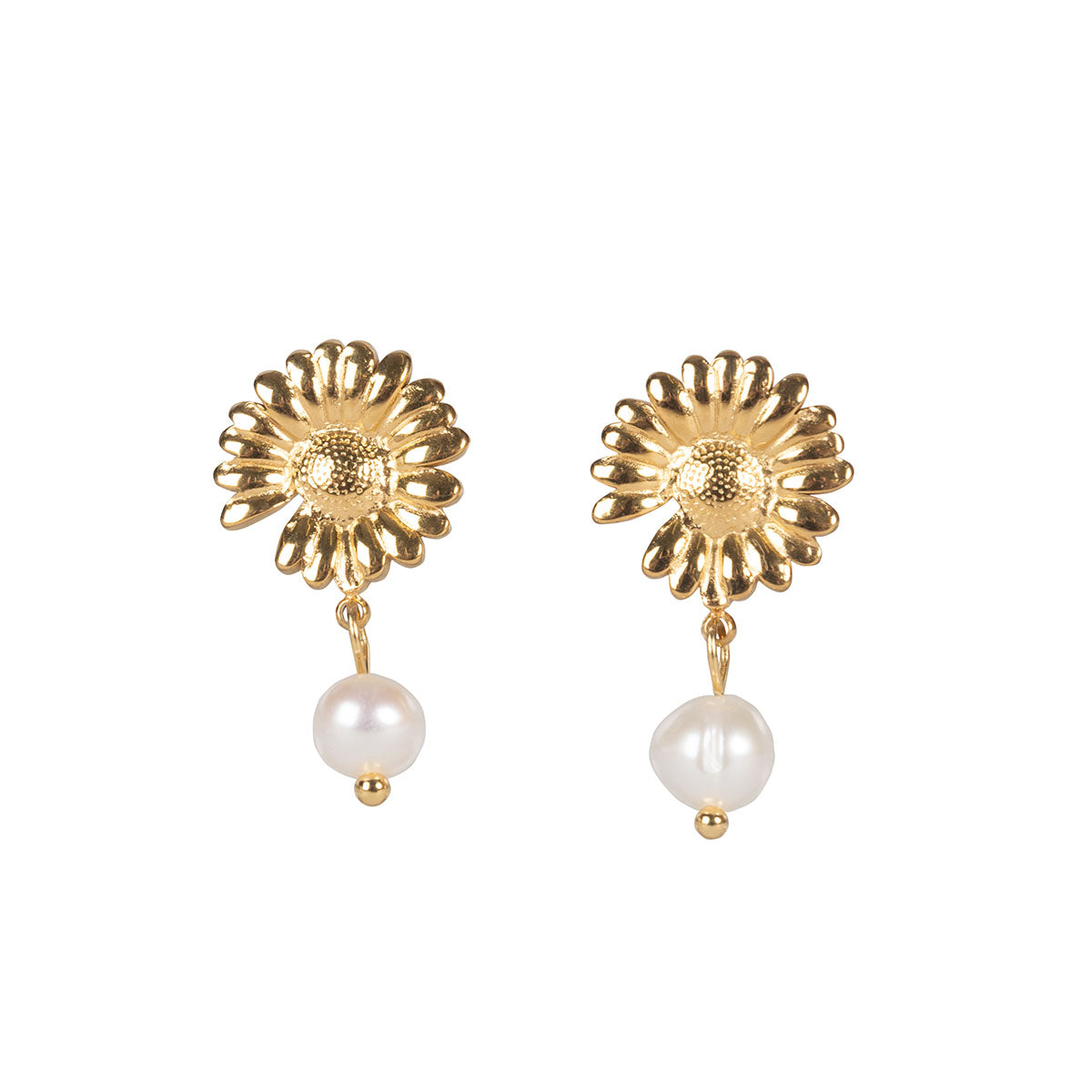 Close up of Two Earrings featuring a Gold Daisy with a Pearl drop