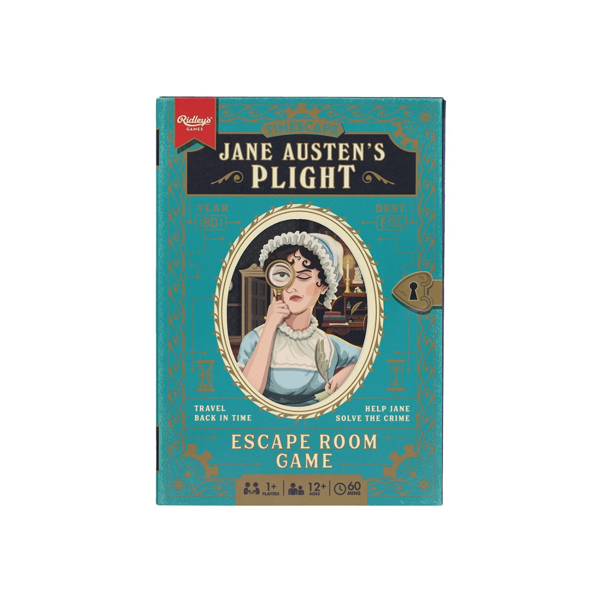 Escape Room Game with Jane Austen looking through a magnifying glass