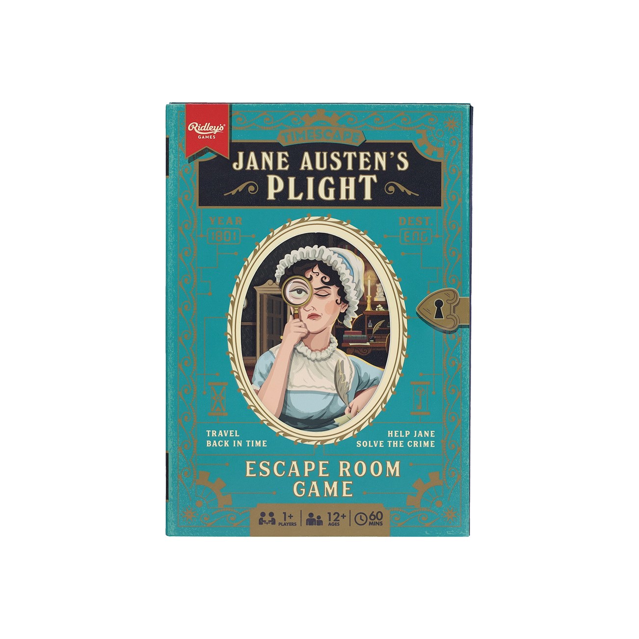 Escape Room Game with Jane Austen looking through a magnifying glass