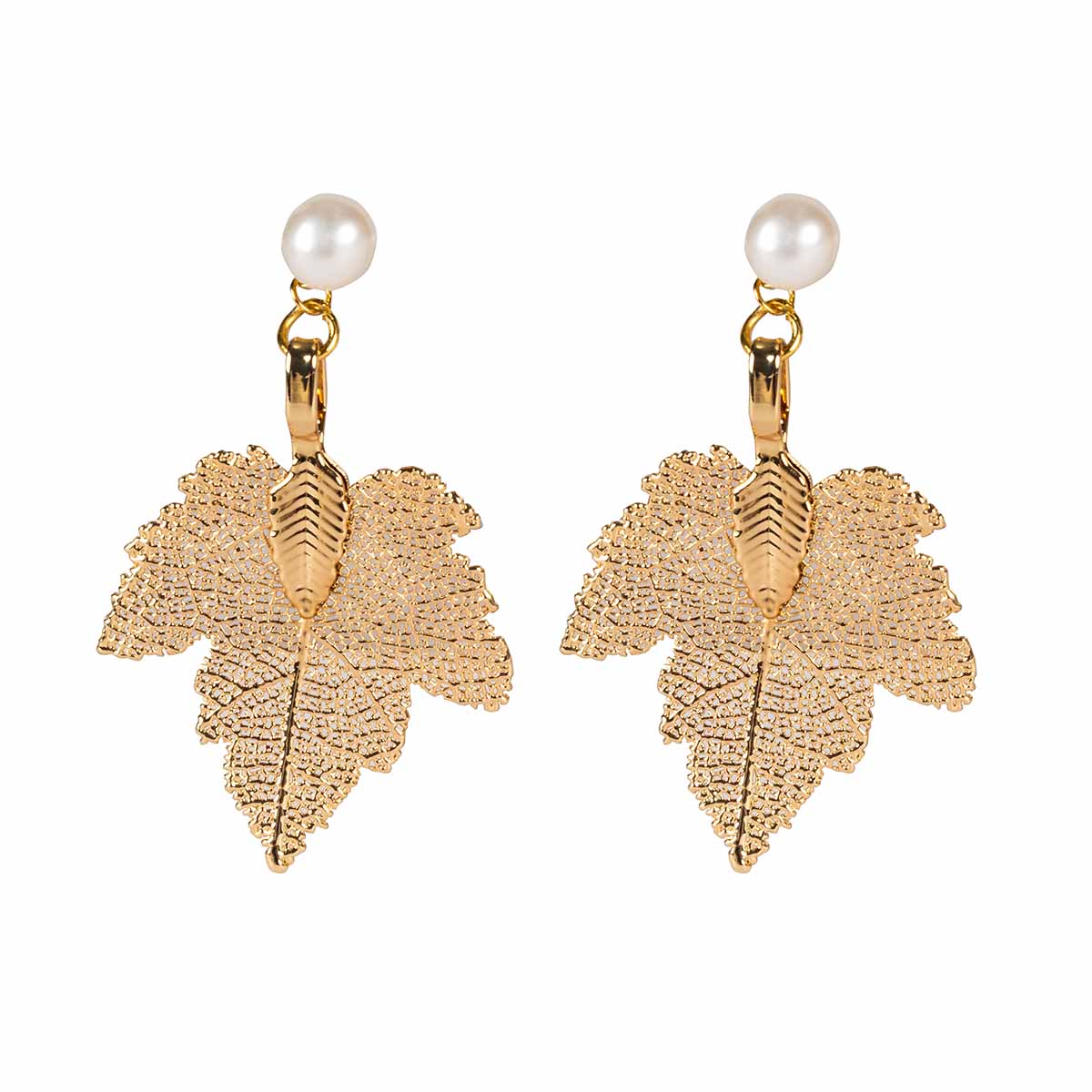 Pearl Earrings with a filigree gold leaf hanging below