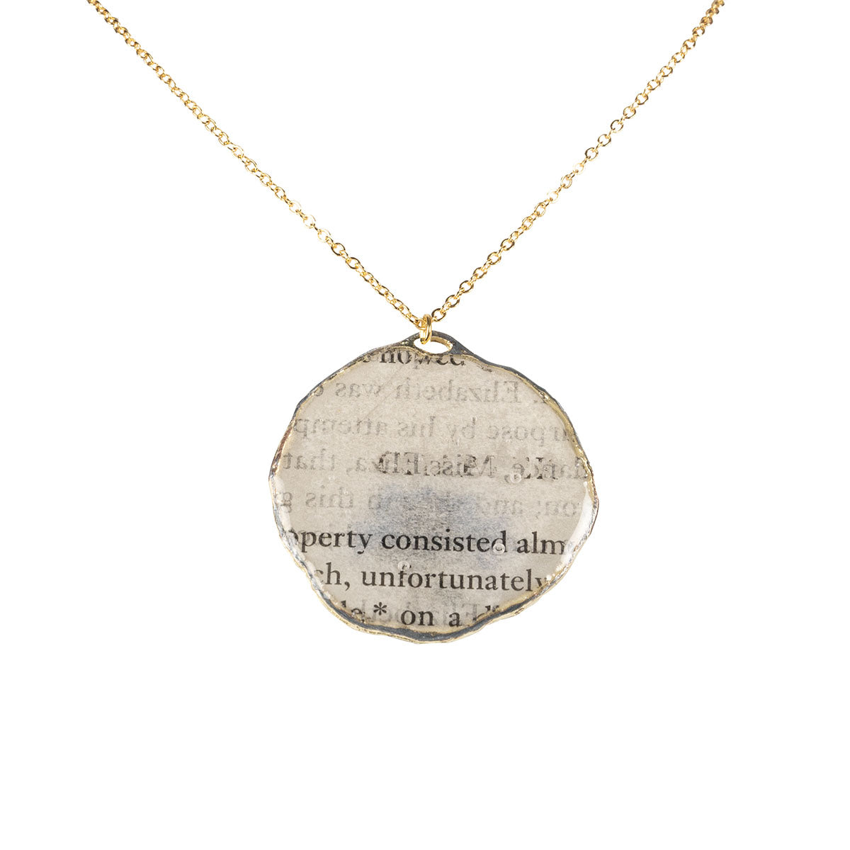 Back view of Pride and Prejudice Necklace featuring text from pages of Pride and Prejudice