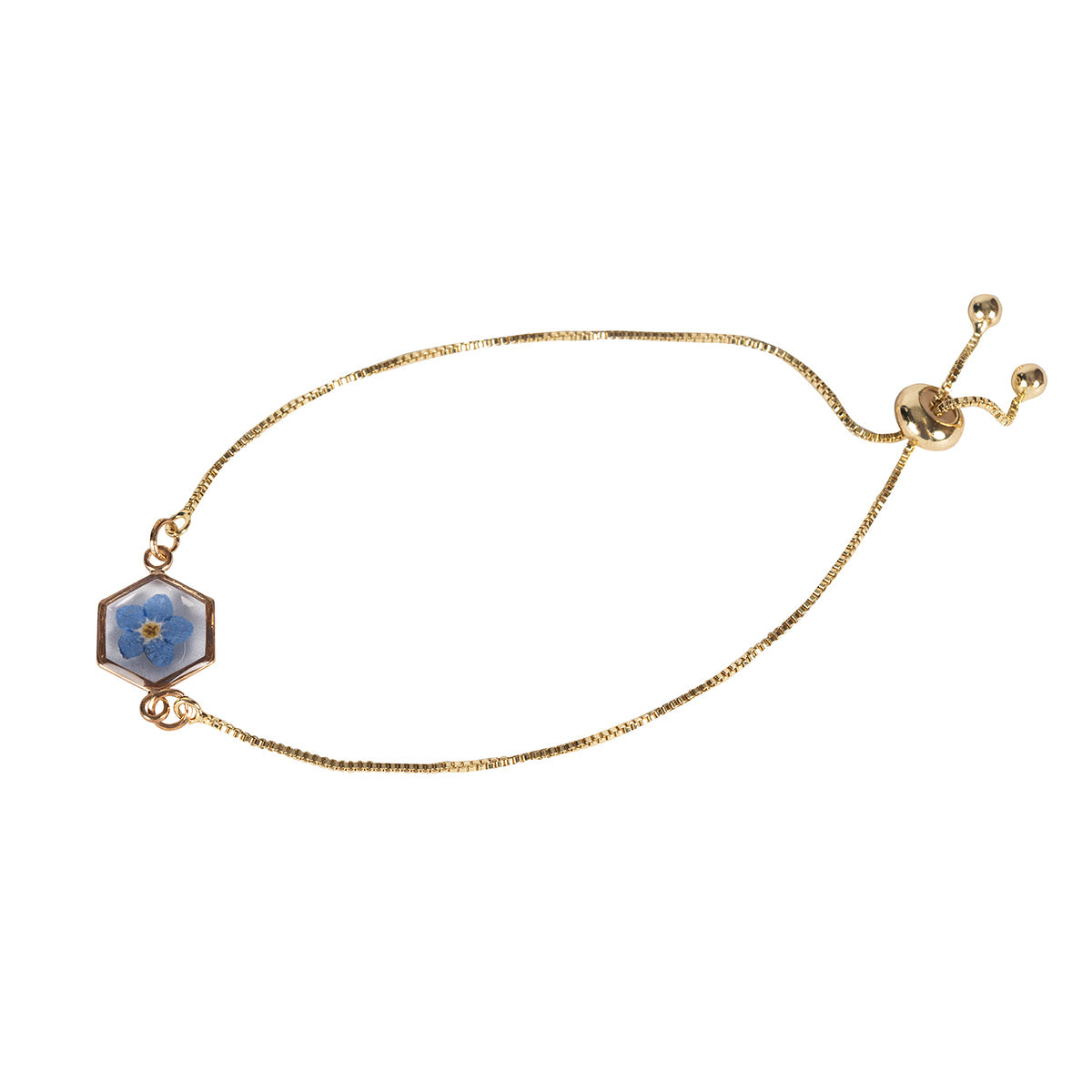 Forget Me Not Flower Bracelet with gold chain, hexagonal frame featuring a pressed Forget Me Not Flower