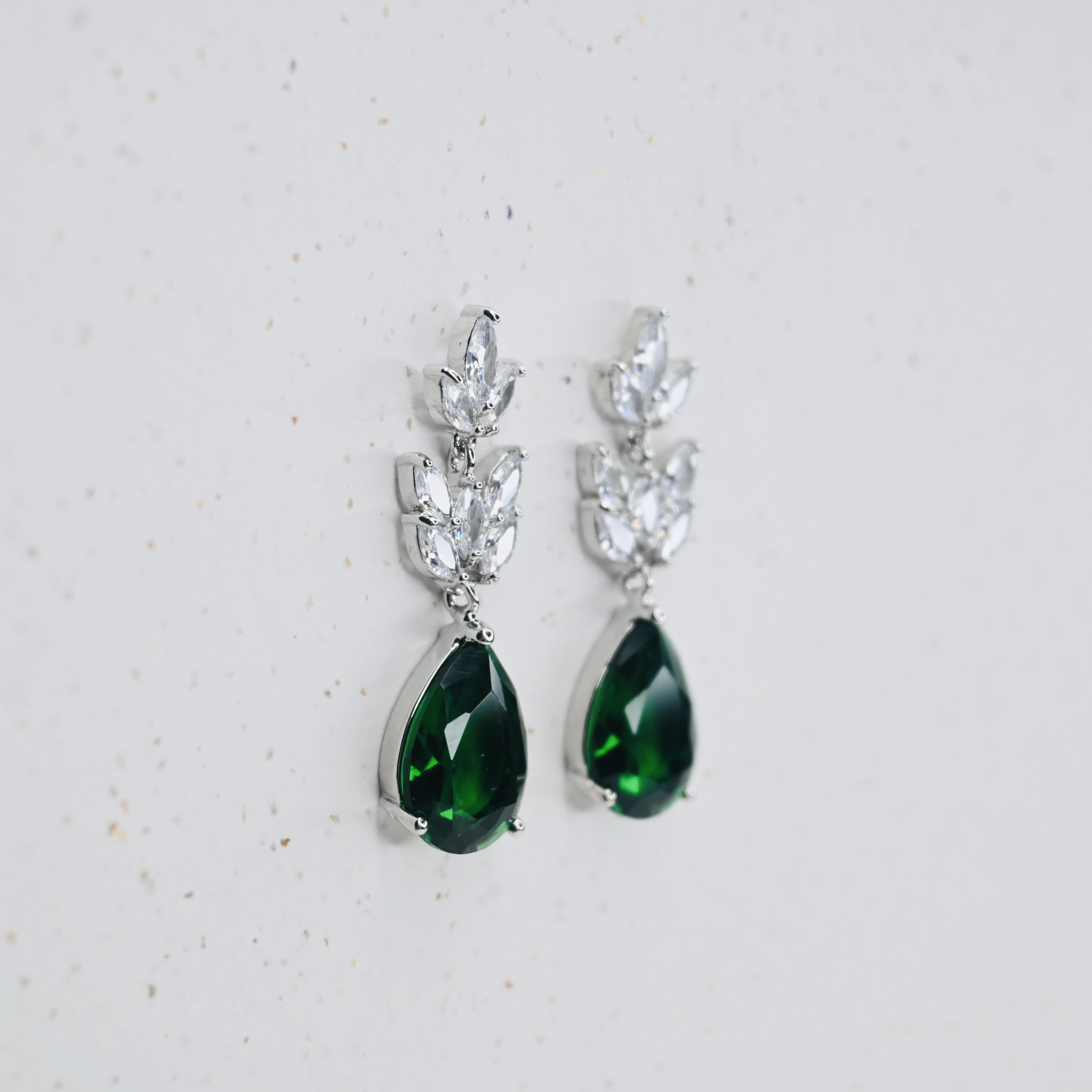 Emerald and Crystal Leaf Teardrop Earrings