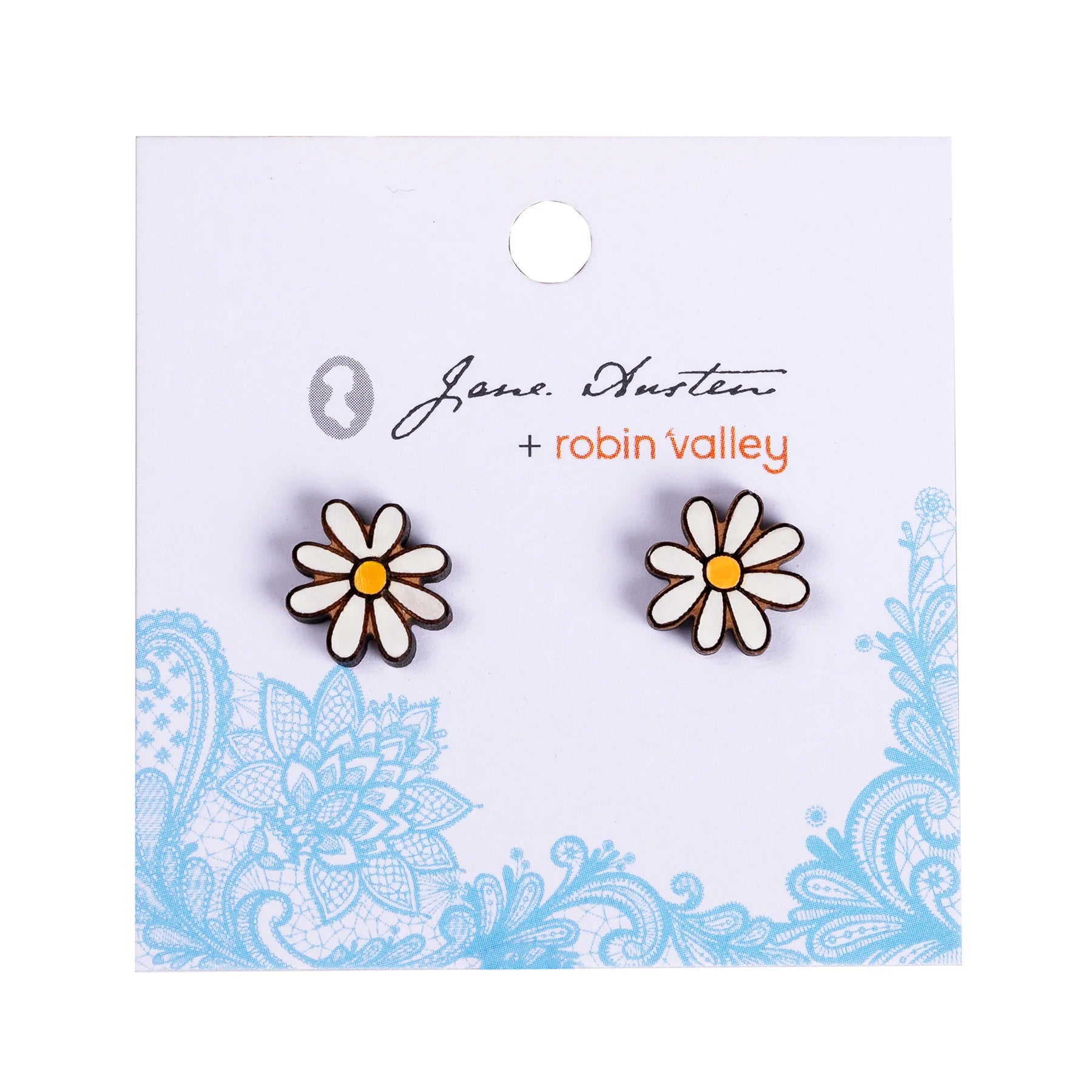 Daisy Flower Earrings on a card handpainted by Robin Valley