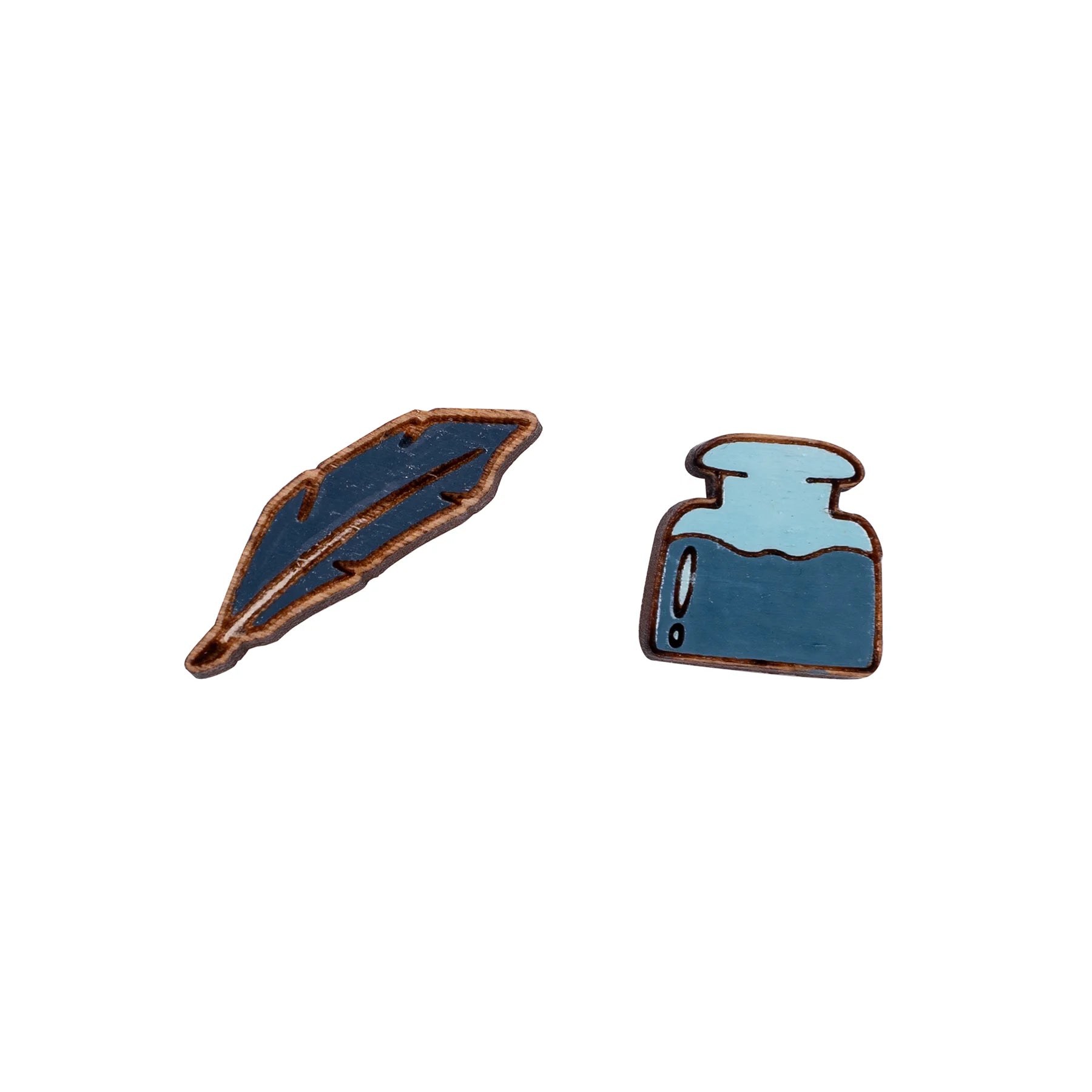 Earrings featuring a quill on one ear and a pot of ink on the other