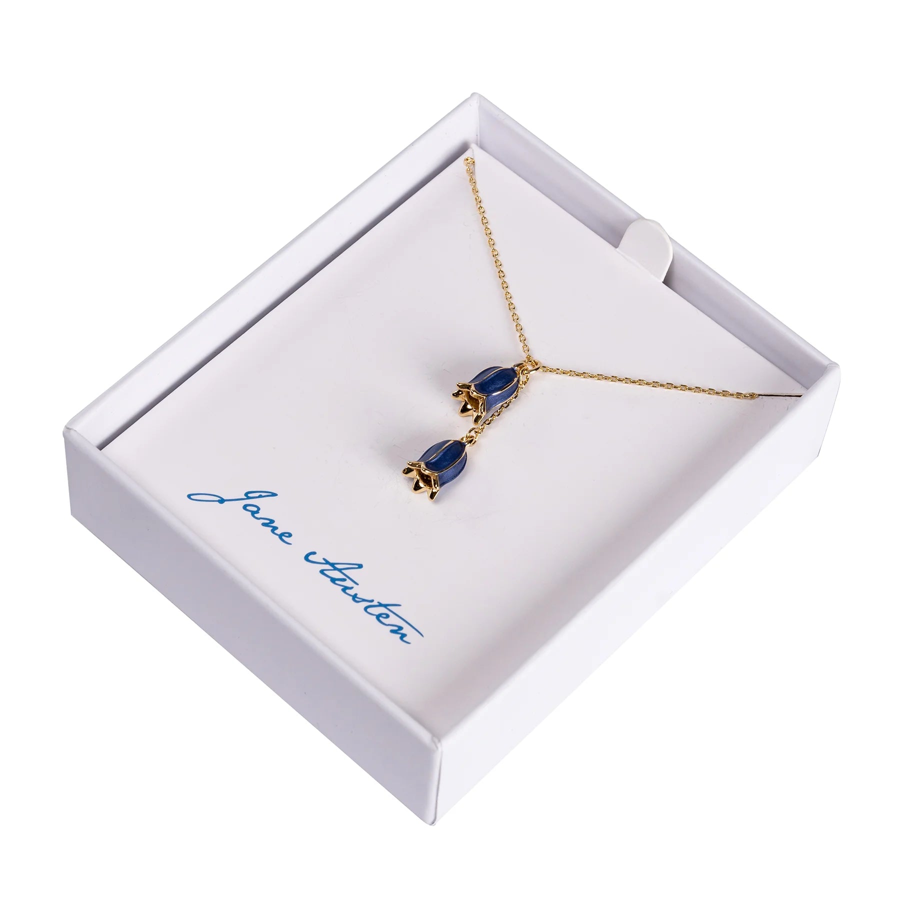 Gold necklace with 2 hanging bluebells, in a white box