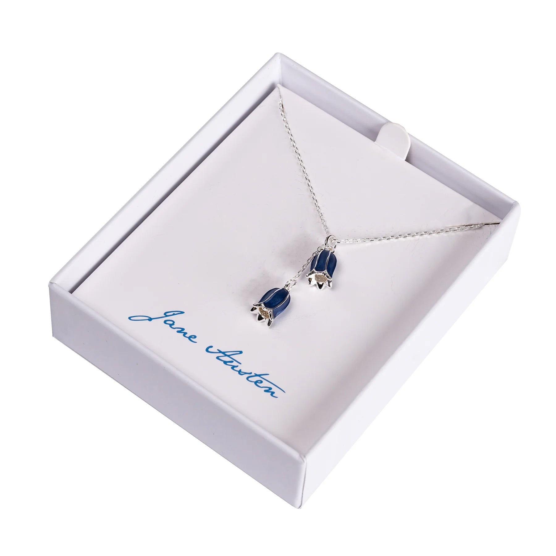 Silver Necklace with 2 bluebells in a white box