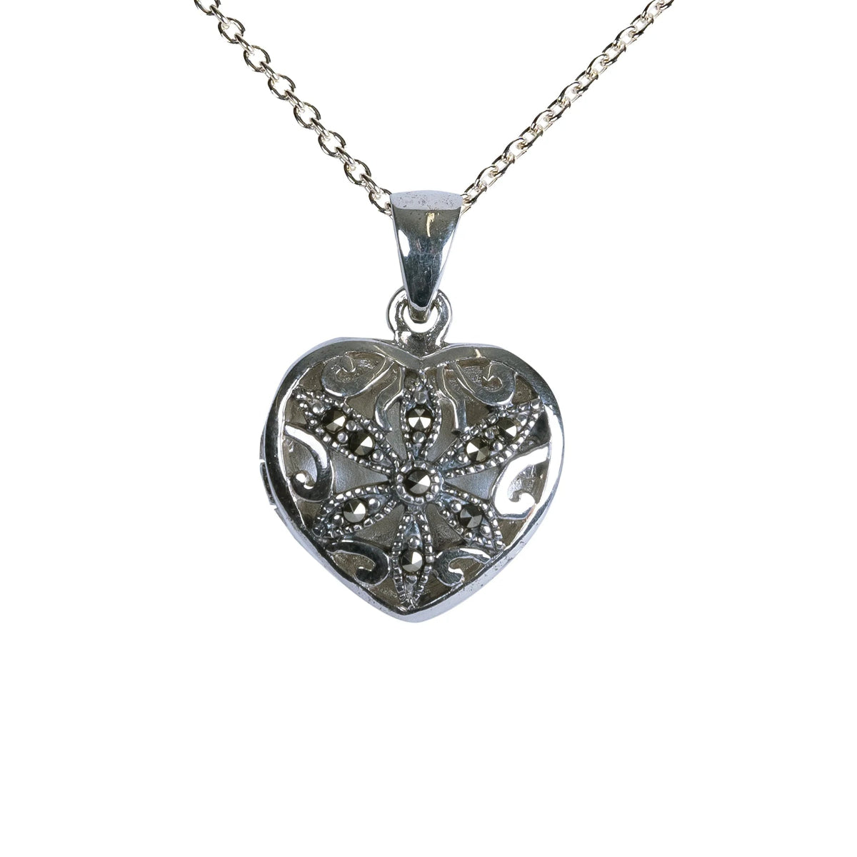 Closeup of a Silver and marcasite locket in a heart shape