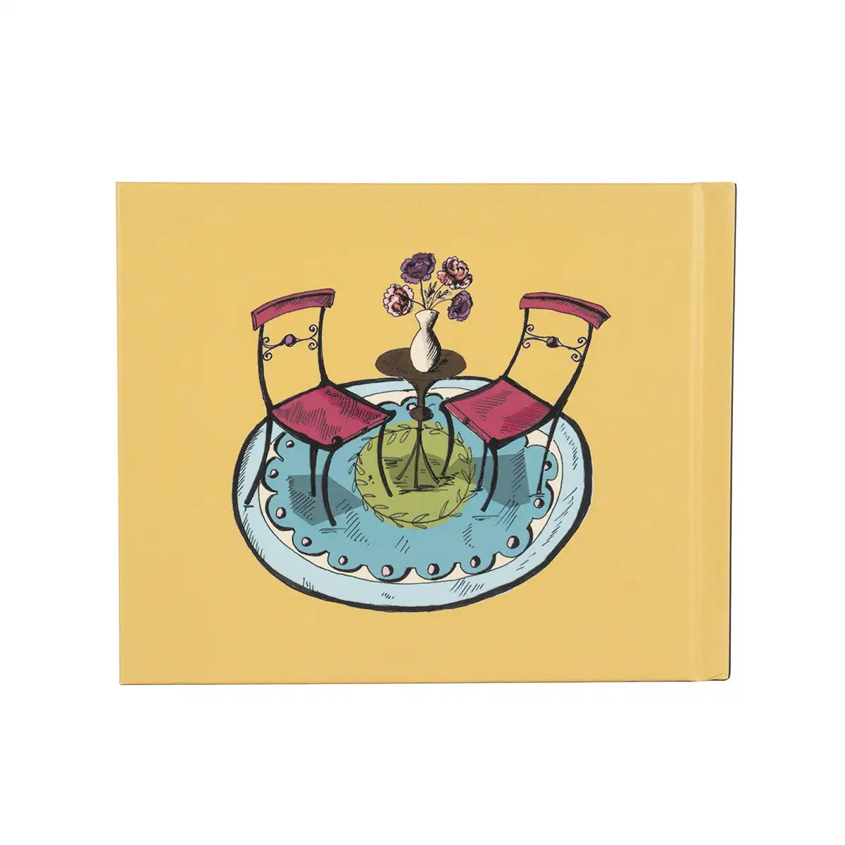Back cover: Illustration of two chairs around a table with a vase of flowers on a yellow background
