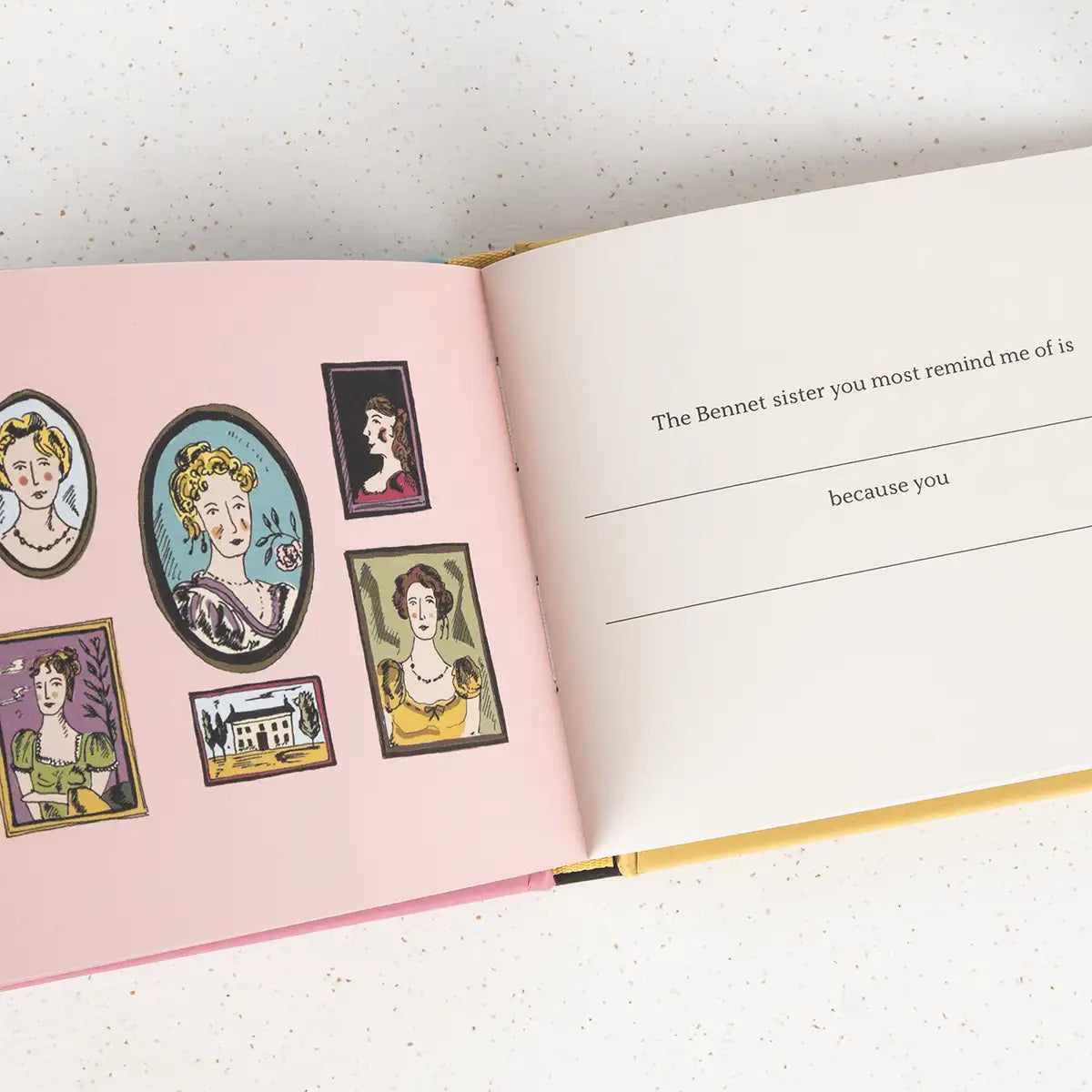 Open book with illustrated portraits on a pink background. Text reads: 