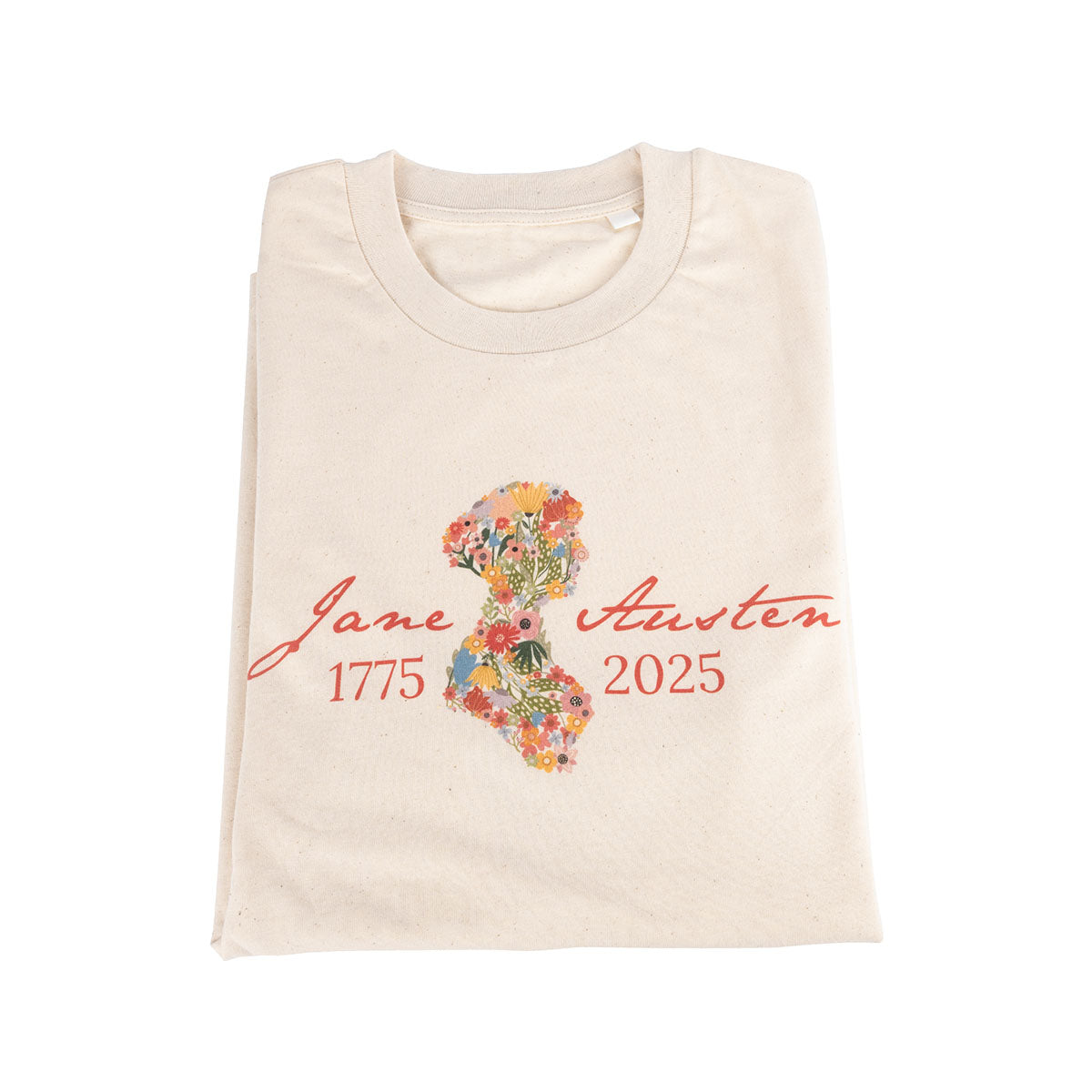 Jane Austen 250th Anniversary T-Shirt in Cream. Silhouette of Jane is filled with flowers in warm tones and text 'Jane Austen 1775-2025' is in a warm orange.