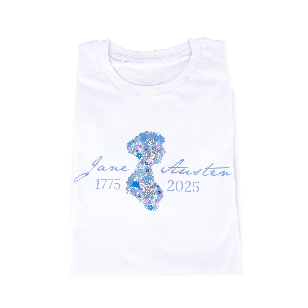 Jane Austen 250th Anniversary T-Shirt in White. Silhouette of Jane is filled with flowers in cool tones and text 'Jane Austen 1775-2025' is in a cool tone of blue.