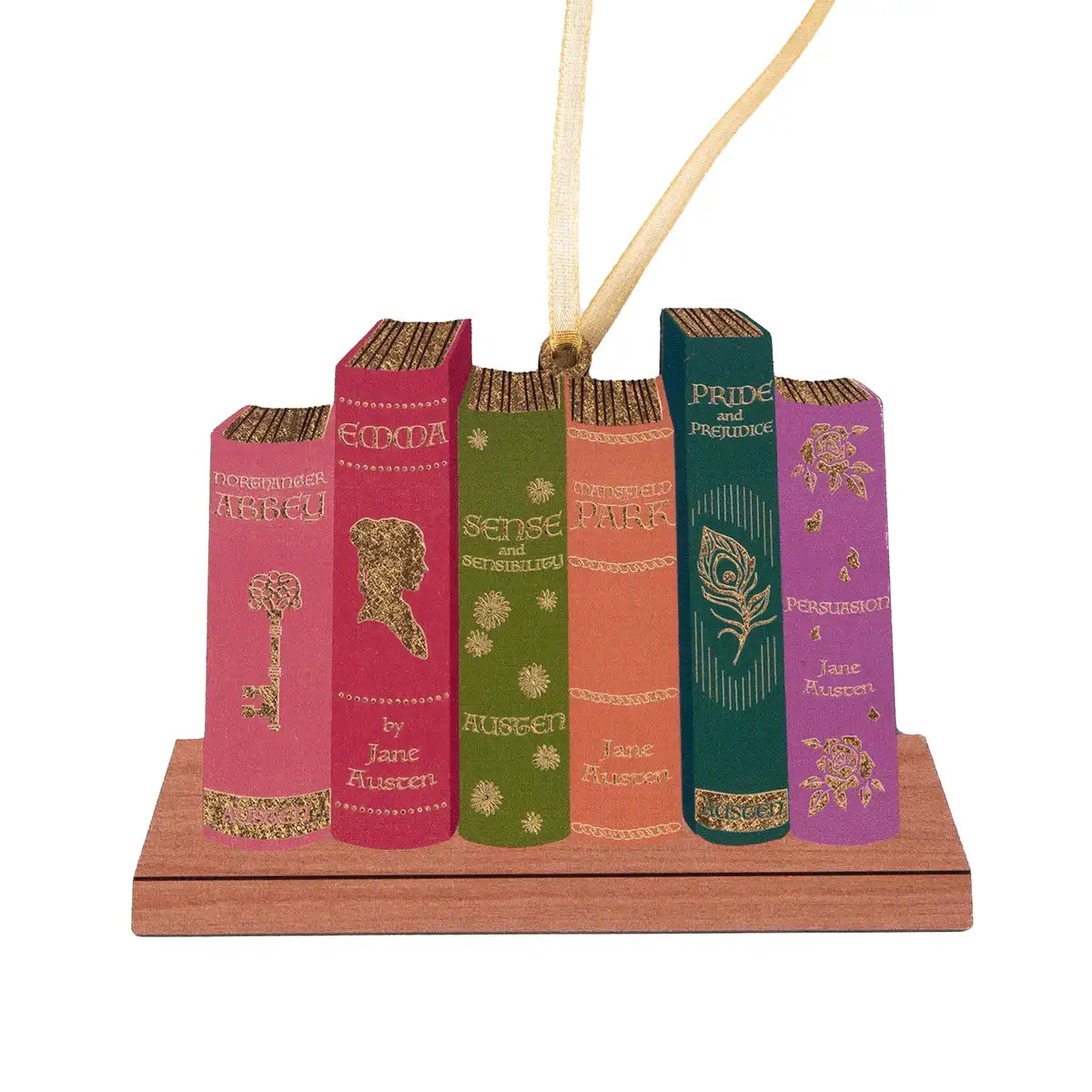 Northanger Abbey in pink, Emma in dark pink, Sense and Sensibility in green, Mansfield Park in coral, Pride and Prejudice in teal, and Persuasion in purple.
