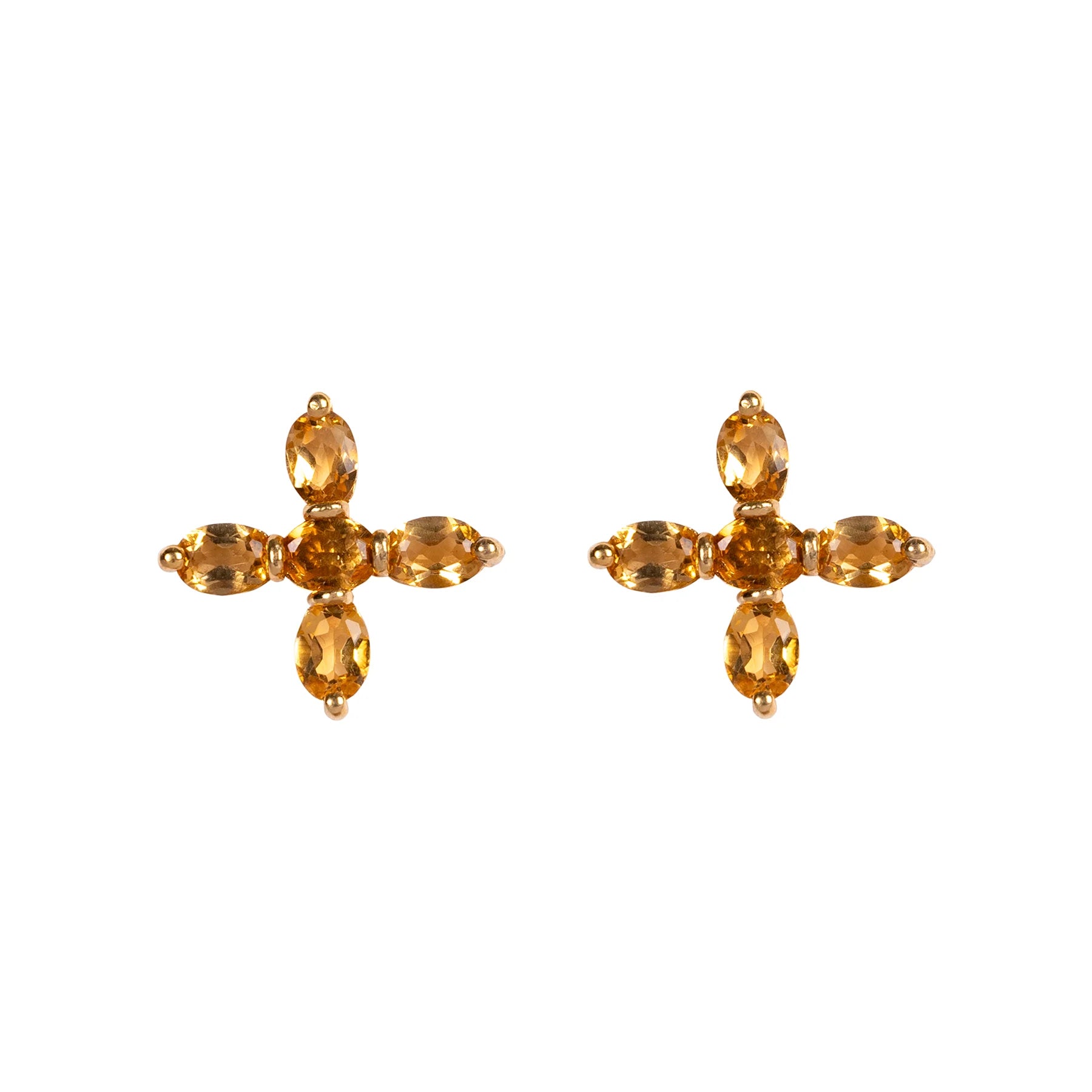 Closeup of Jane Austen Topaz Cross earrings in Citrine and Gold