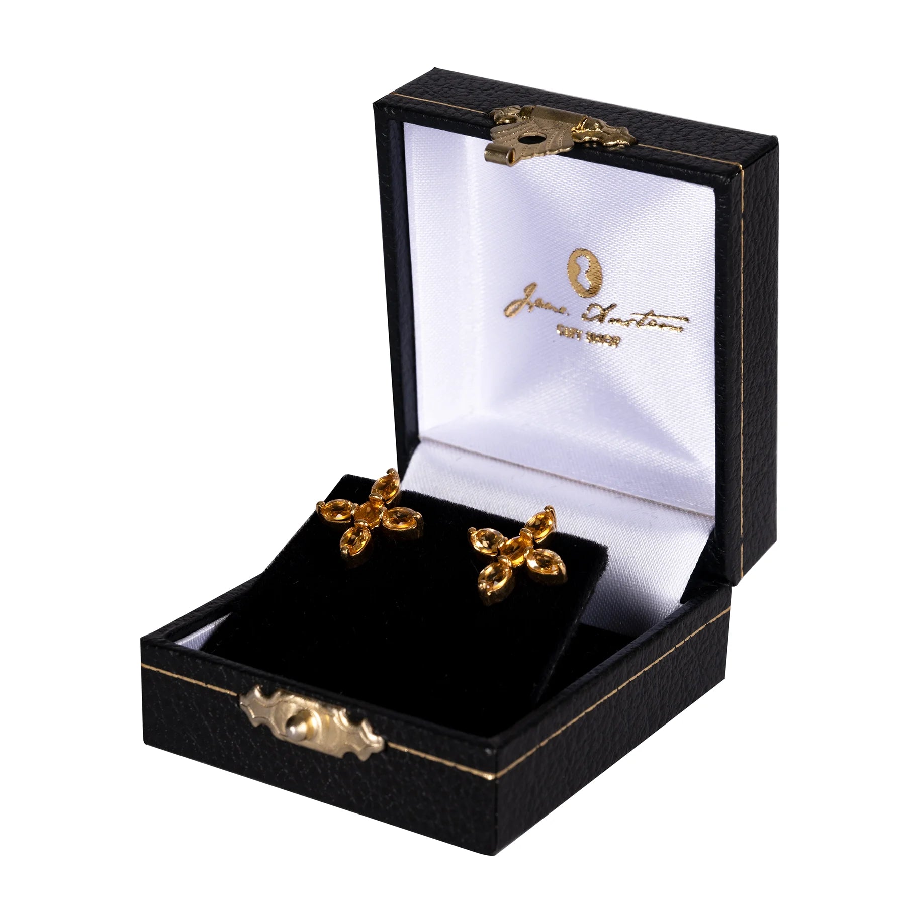 Jane Austen Topaz Cross earrings in Citrine and Gold in a black jewellery box