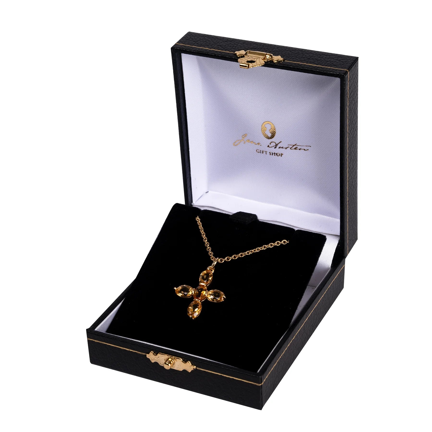 Jane Austen Citrine replica Topaz cross Necklace in black jewellery box